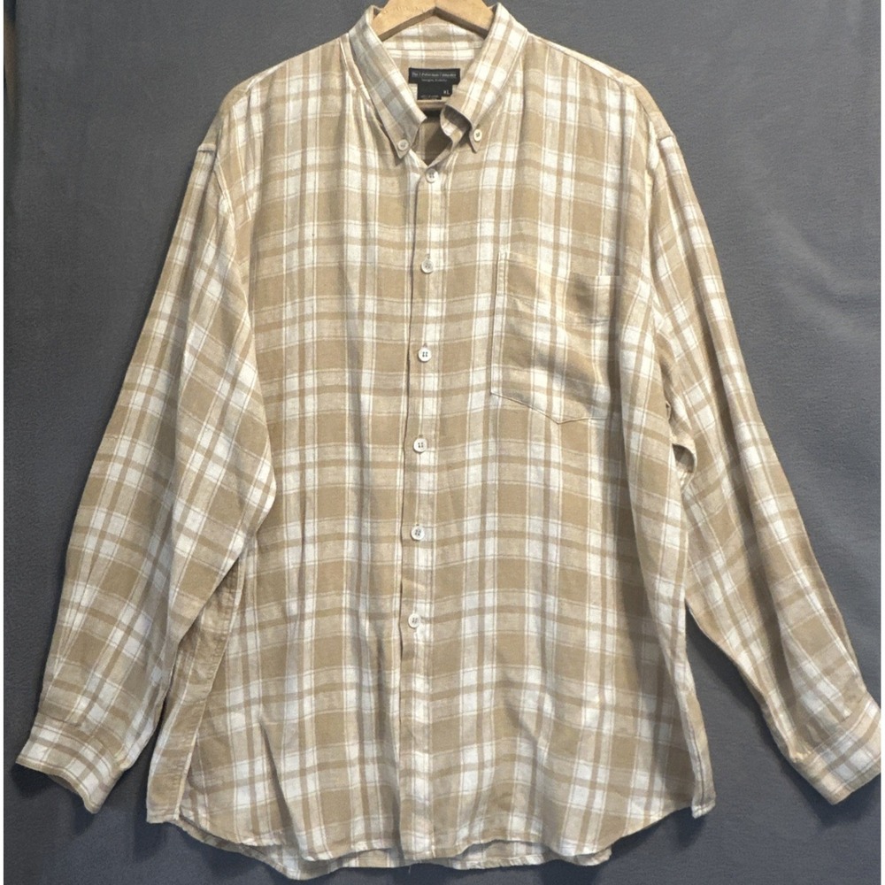 J Peterman Company 100% Linen Button Down Pocket‎ Shirt Mens XL Tan Plaid Resort